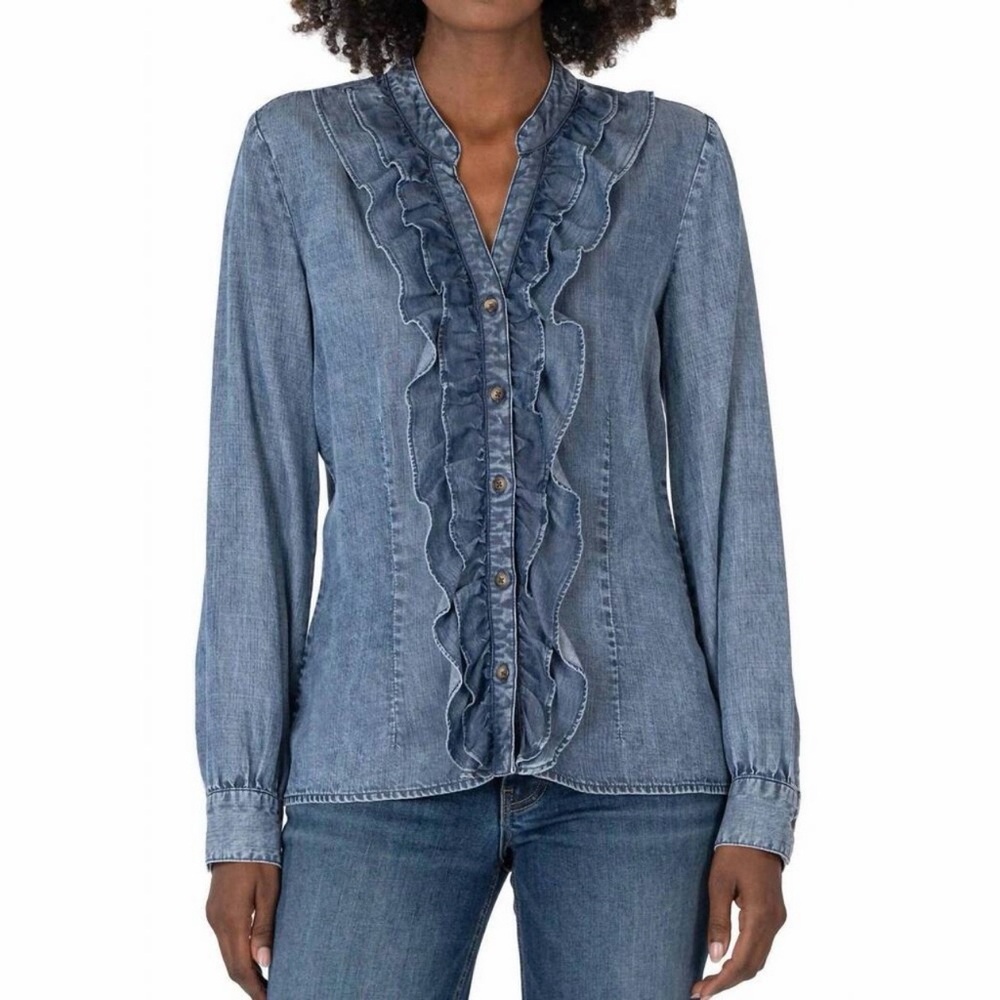 KUT From The Kloth Chambray Ruffle Button Down Blouse L